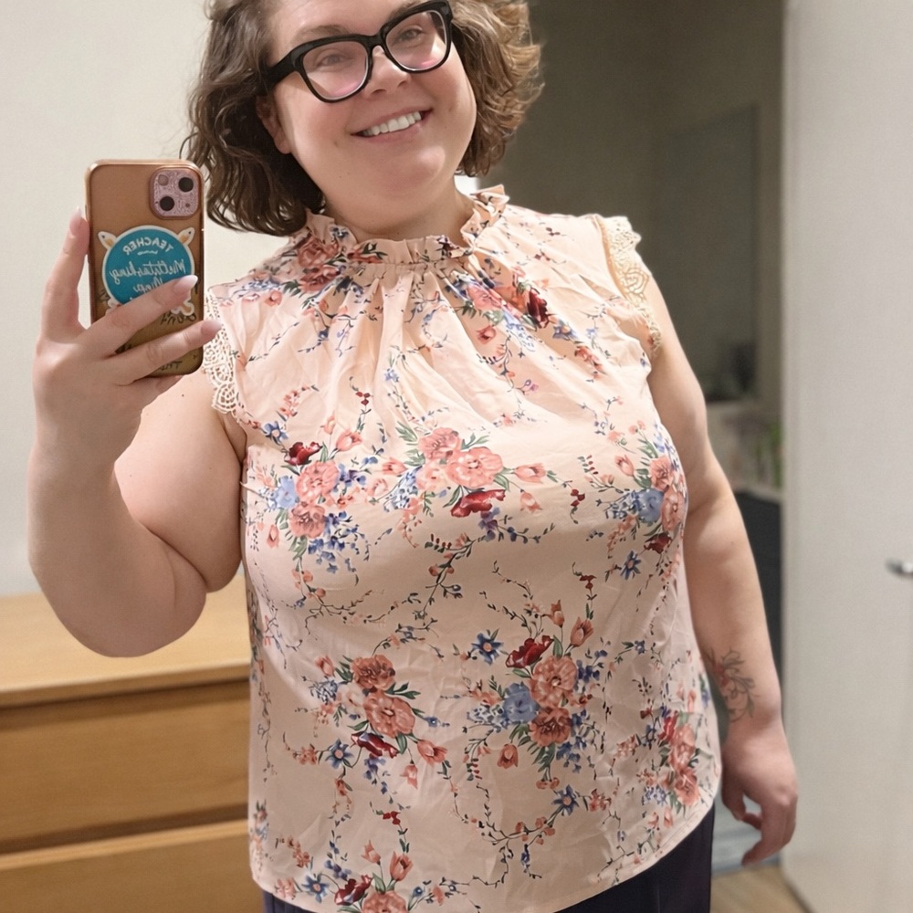 SHEIN Floral Ruffle Neck Blouse - Cream and Pink